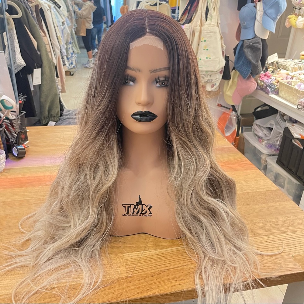 Human hair blend lace front ash blonde with dark roots wavy wig.